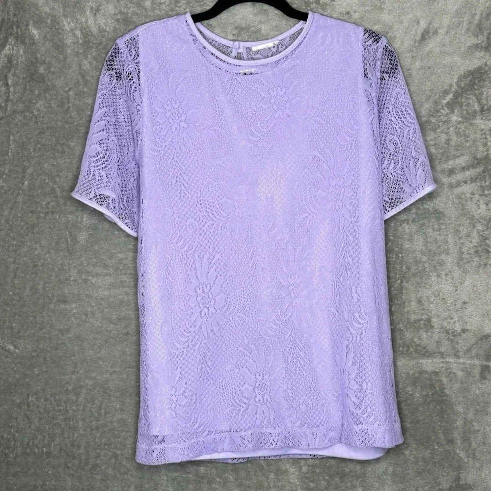 Primark XL Shirt Top Purple Floral Flower Lace Round Neck Button Back Casual
